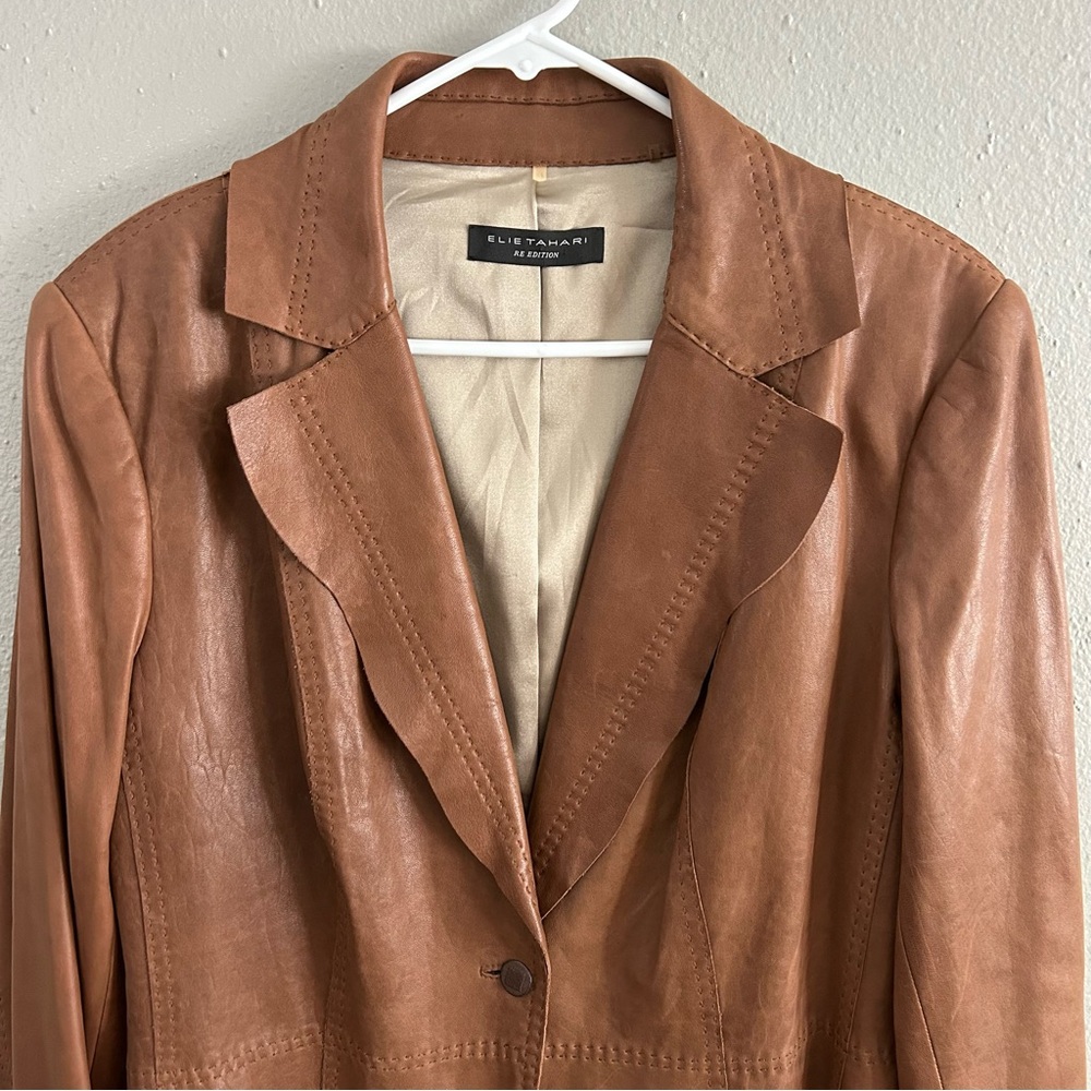 Elie Tahari Re Edition Brown Genuine Leather Blazer Size XL Jacket Soft Buttery - Picture 2 of 10